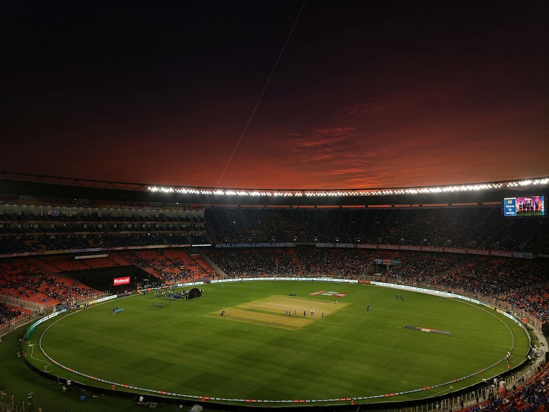 Cricket ground at evening during a tournament